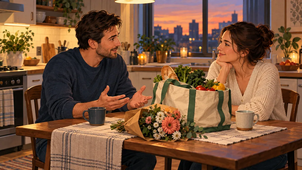 Redaktionel illustration af et par, der har en rolig samtale ved siden af indkøb og blomster